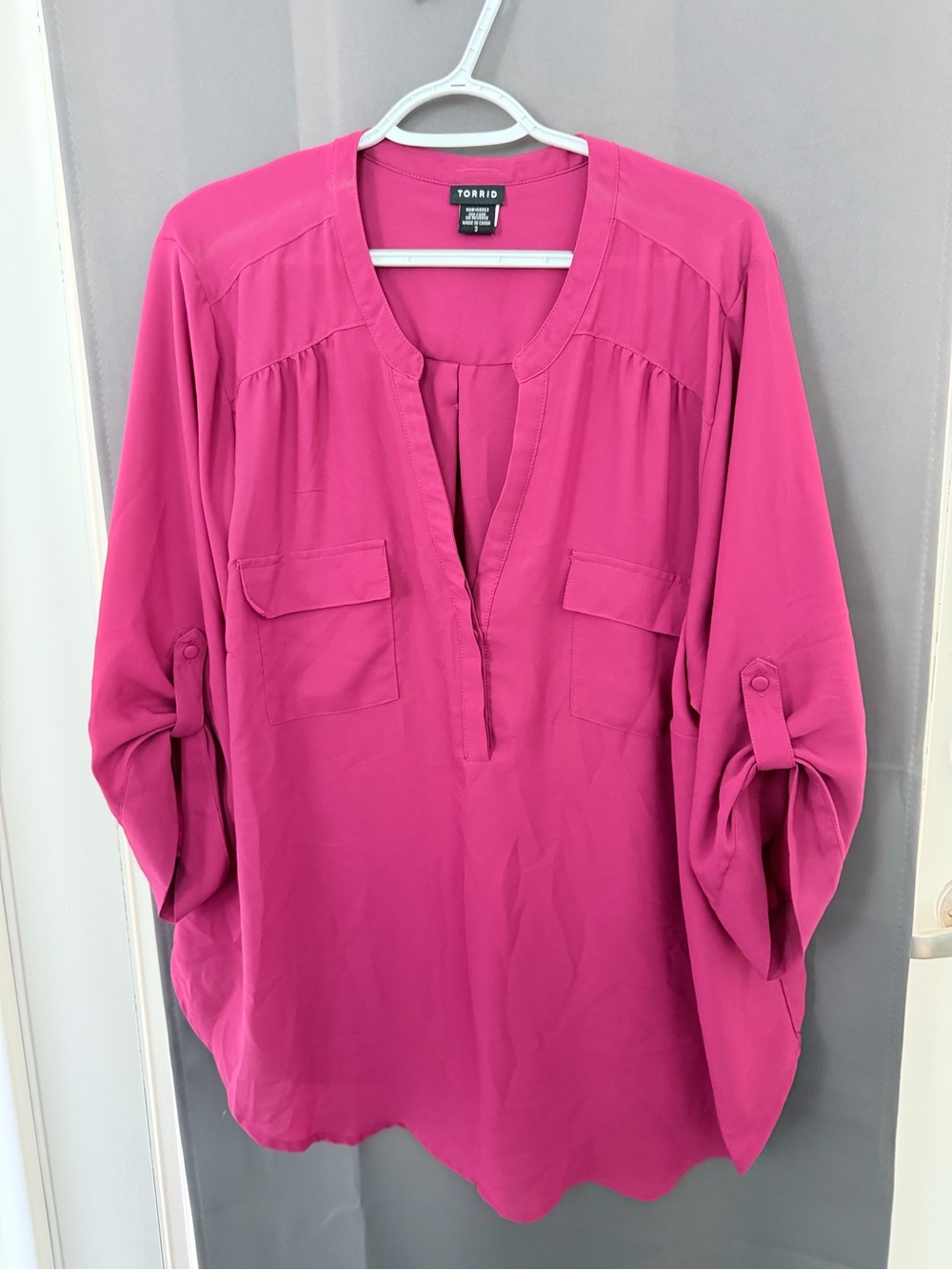 torrid Hot Pink Split-Neck Tunic with Roll-Tab Sleeves